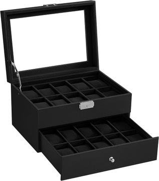 ETUI NA ZEGARKI ELEGANCKA SZKATUŁKA ORGANIZER CZARNY Z SZUFLADĄ 20 szt