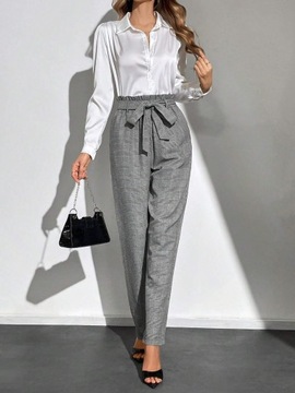 SHEIN Tall szare spodnie w kratę typu paperbag w kratę S