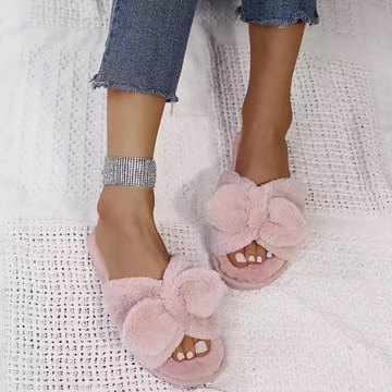 Dámske kožušinové papuče s mašľou papuče kožušina teplá zimná ružová