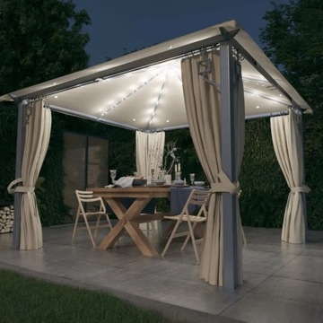 vidaXL Altana z zasłonami i lampkami LED, 3x3 m, kremowa, aluminium