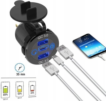 GNIAZDO ŁADOWARKA SAMOCHÓD 3xUSB QC3.0 12V-24V