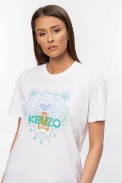 KENZO - biały t-shirt TIGER z zielonym logo r. XS