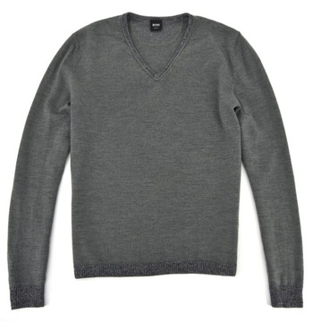 HUGO BOSS sweter męski szary wełna dekolt V-neck serek elegancki L