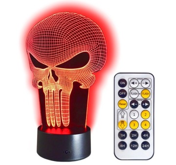 Lampka Nocna 3D LED CZASZKA PUNISHER + PILOT