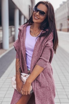 Długi sweter narzutka kardigan z kapturem