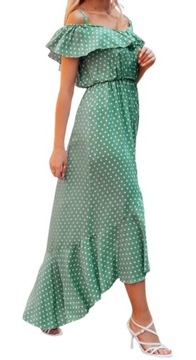 Sukienka damska długa maxi zielona w groszki hiszpanka odkryte ramiona XL