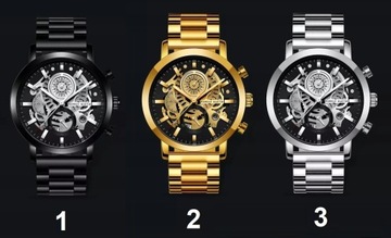 Zegarek męski luksusowy biznes elegancki czarny złoty bransoleta KOLORY