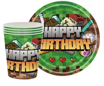 NOWOŚĆ TALERZYKI I KUBKI ZESTAW URODZINOWY MINECRAFT 20 ELEMENTÓW TNT