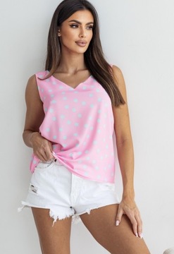 DAMSKA KOSZULKA NA RAMIĄCZKACH BLUZKA BEZ RĘKAWÓW RÓŻ GROCHY PRINT S/M