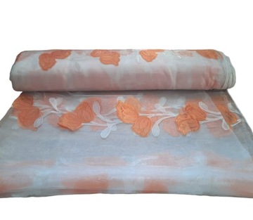 Organza,organtyna 290cm,biała, pomarańczowe kwiaty