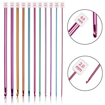 KNITTING SET Szydełka druty tunezyjskie afgańskie 27cm szydełek 11szt 2-8mm
