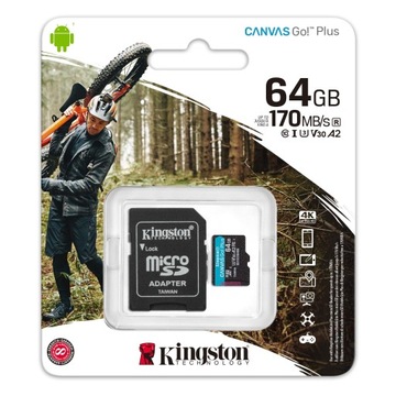 Карта памяти Kingston microSD Canvas Go! Плюс 64 ГБ класса 10 + адаптер