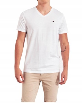 HOLLISTER - Biały Męski Klasyczny T-shirt Serek V-neck _ M