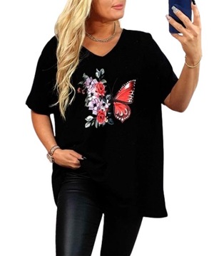 T-SHIRT KOSZULKA BAWEŁNA MOTYL KWIATY PLUS SIZE V dekolt 2XL-5XL T37