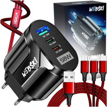 MOCNA ŁADOWARKA SIECIOWA 2X USB-C 58W ZASILACZ+KABEL USB-C LIGHTNING 3W1