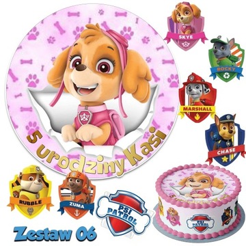 Zestaw Opłatek na tort PSI PATROL z Imieniem +7 Wyciętych Tarcz na Tort