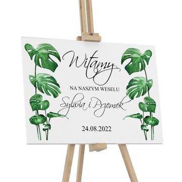 DREWNIANA TABLICA POWITALNA 50x70 ŚLUB LIŚCIE MONSTERA IMIONA