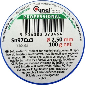 CYNA DO LUTOWANIA MIEDZI SPOIWO DRUT 2,5mm, 100g