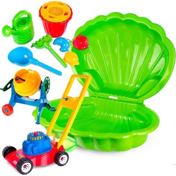 PIASKOWNICA Z POKRYWĄ MUSZLA 2 EL BETONIARKA KOSIARKA ZESTAW DO PIASKU