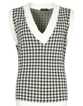 KAMIZELKA V-NECK WZÓR PEPITKA CZARNO BIAŁA BOOHOO S