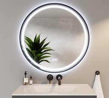 Lustro Okrągłe w Czarnej Ramie LED 3w1 Trzy Barwy z Matą Grzewczą 70cm