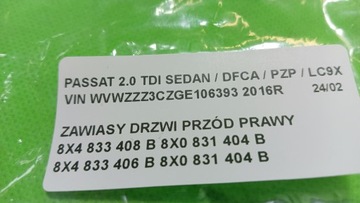 PANTY DVEŘE PŘEDNÍ PRAVÝ SEDAN VW PASSAT B8 8X4833408B 8X0831404B