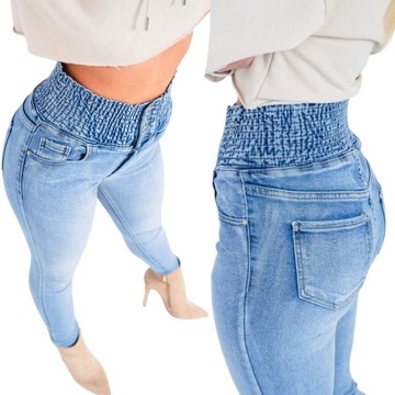 Damskie jeansowe spodnie jasne rurki wysoki stan modelująca guma w pasie M
