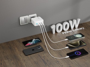 БЫСТРОЕ ЗАРЯДНОЕ УСТРОЙСТВО USB C УНИВЕРСАЛЬНОЕ 3x USB 100 Вт ТИП C + КАБЕЛЬ USB C 100 Вт