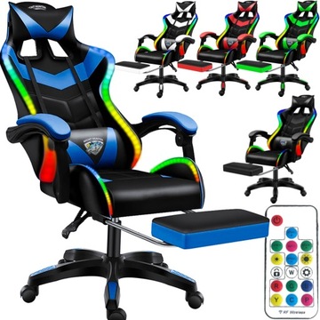 Fotel LED z MASAŻEM pleców GAMINGOWY komputerowy OBROTOWY gracza +PODNÓŻEK!