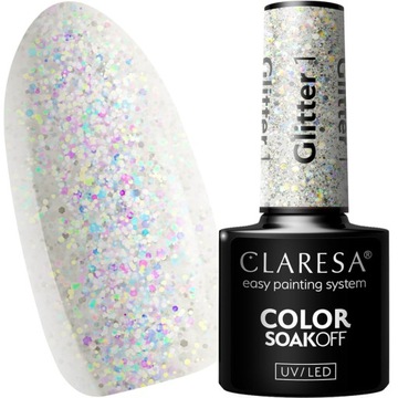 CLARESA LAKIER HYBRYDOWY GLITTER 1 brokat srebrny małe drobinki holo