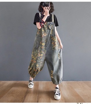 Casual Oversized Print Floral Denim Overalls For W