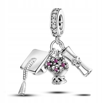 Charms Srebro 925 Zawieszka Absolwent Dyplom Czapka Kwiaty