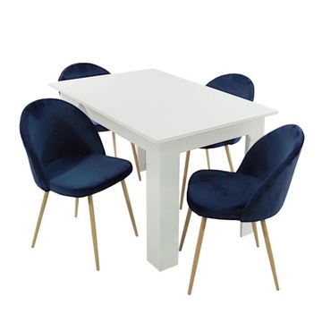 Stół Modern 120x80 biały 4 krzesła Denwer Velvet granatowe