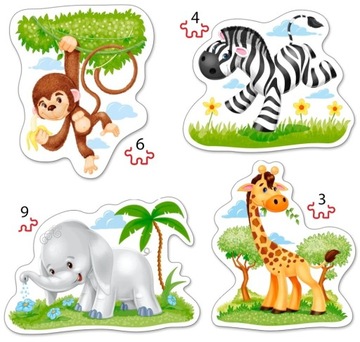PUZZLE BABY 4W1 DZIKIE ZWIERZĘTA MAŁPA SŁOŃ ŻYRAFA ZEBRA CASTORLAND 3+
