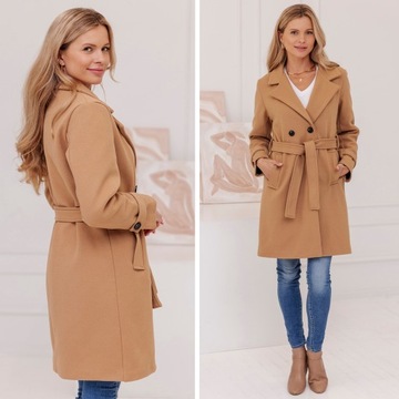 ПАЛЬТО ЖЕНСКОЕ В РЕБИНКУ С ПОЯСОМ ОСЕНЬ-ЗИМА ИЗ ШЕРСТИ М