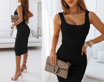 ЖЕНСКОЕ ЛЕТНЕЕ ПЛАТЬЕ МИДИ В РЕБРУСКУ ЭЛЕГАНТНОГО КРОЯ, ЧЕРНОЕ, L/XL