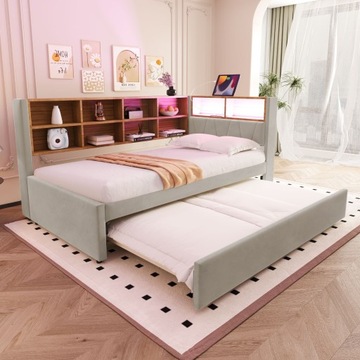 Sofa rozkładana 90x200, łóżko wysuwane 90x190 Schowek LED Jasnoszary