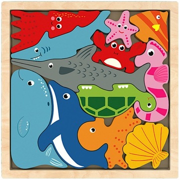 UKŁADANKA EDUKACYJNA PUZZLE DREWNIANE KLOCKI MONTESSORI ZWIERZĘTA MORSKIE