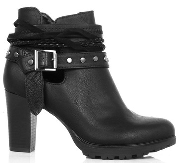 БОТИНКИ НА ВЫСОКОМ КАБЛУКЕ, ЧЕРНЫЕ КОЖАНЫЕ ПОЛОСКИ СО СТРУЯМИ 36