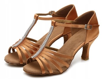 BUTY DO TAŃCA TANECZNE BRĄZOWE Z CYRKONIAMI 7cm