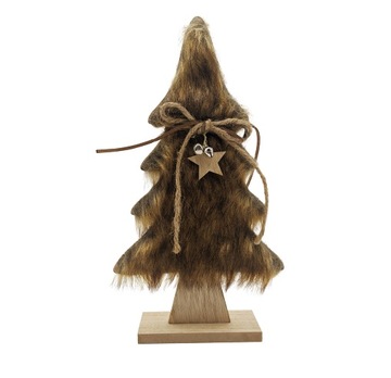 ДЕРЕВЯННАЯ РОЖДЕСТВЕНСКАЯ ЕЛКА С ИСКУССТВЕННЫМ МЕХОМ И БАНТОМ, КОРИЧНЕВОЕ РОЖДЕСТВЕНСКОЕ УКРАШЕНИЕ