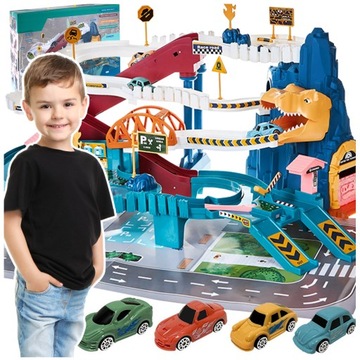 TOR SAMOCHODOWY PARKING ZJEŻDŻALNIA AUTEK Z WINDĄ 4 AUTA DINO PARK DZIECI