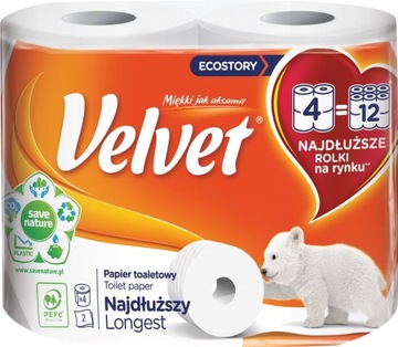 VELVET NAJDŁUŻSZY PAPIER TOALETOWY 4 ROLKI