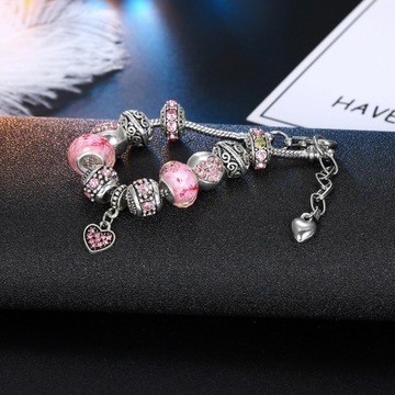 Bransoletka Srebrna Modułowa Różowa Beads Charms Regulowana 19 - 22 cm