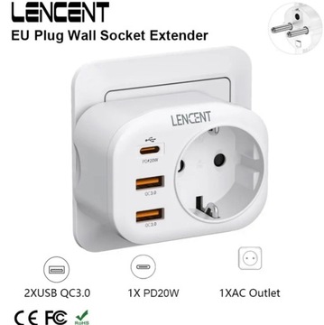 LENCENT Разъем для зарядного устройства 4-в-1, 2x USB-A, 1x USB-C Pd, вилка EU/PL