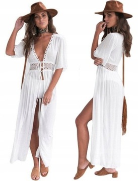 DAMSKA DŁUGA SUKIENKA PAREO WIĄZANA NARZUTKA NA STRÓJ KĄPIELOWY BIAŁA LATO