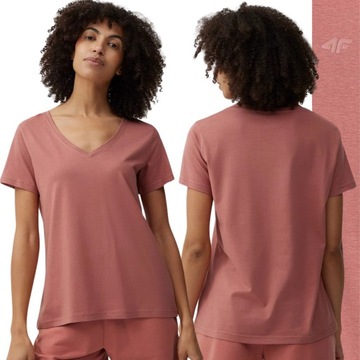 KOSZULKA DAMSKA 4F BAWEŁNIANA T-SHIRT SPORTOWY W SEREK DEKOLT V R M