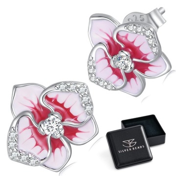 K331 Kwiaty orchidei srebrne kolczyki sztyfty krys