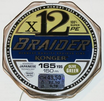 Konger plecionka Braider X12 0,18mm 49,50 kg ziel.