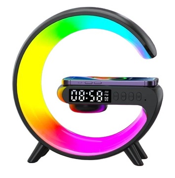 lampka nocna RGB bezprzewodowa ładowarka stojak budzik głośnik czarna